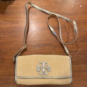 Tory Burch Beige Woven Crossbody with Gold Trim and Logo